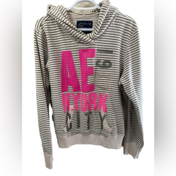 American Eagle Outfitters Women's Striped Hoodie Sweater - Pink and Gray - Picture 1 of 4